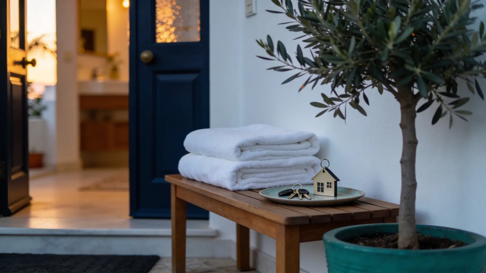 Apartment entrance prepared for guests with folded towels and keys on a wooden bench beside an olive tree