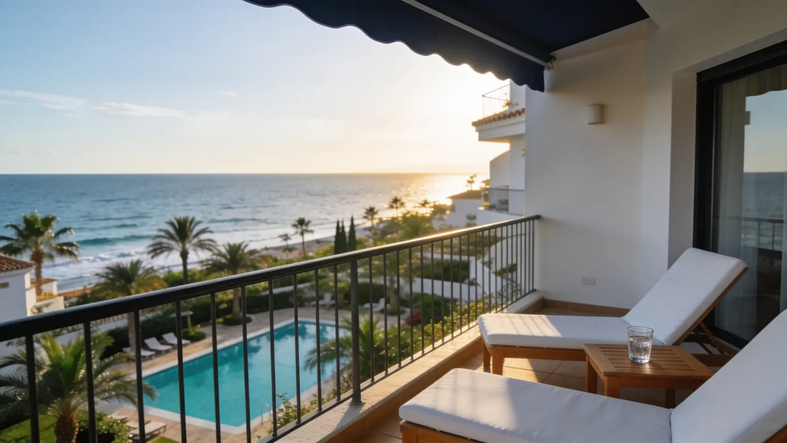 Terraza de un apartamento turístico en Marbella con tumbonas frente a una piscina comunitaria, jardines con palmeras y el mar al atardecer