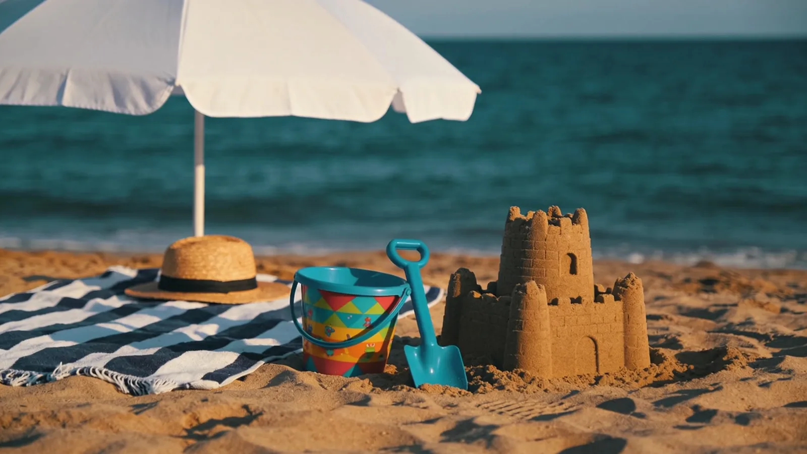 Child’s bucket, spade and sandcastle under a parasol on a Marbella beach
