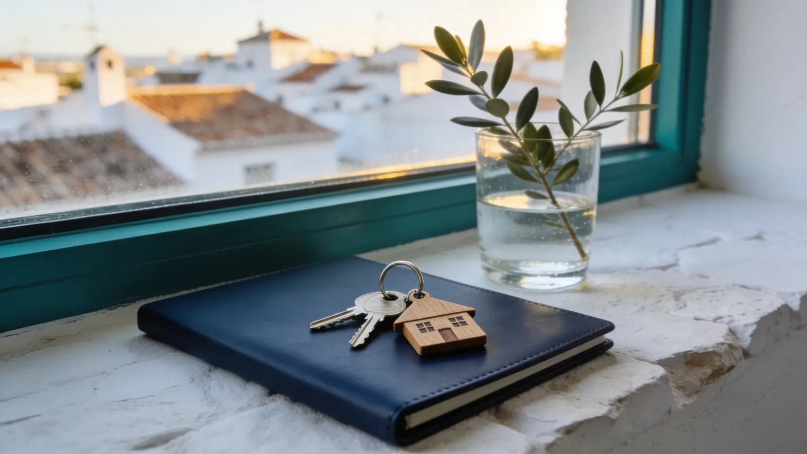 Apartment keys on a house-shaped keyring resting on a navy leather folder by a window over Andalusian rooftops