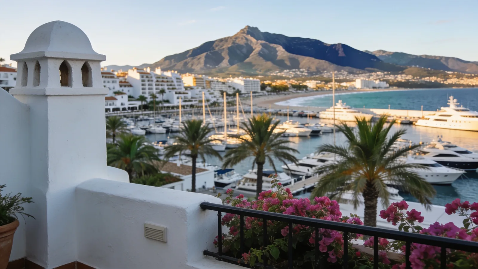 View from a whitewashed terrace over Puerto Banús marina towards the Marbella coast and La Concha mountain